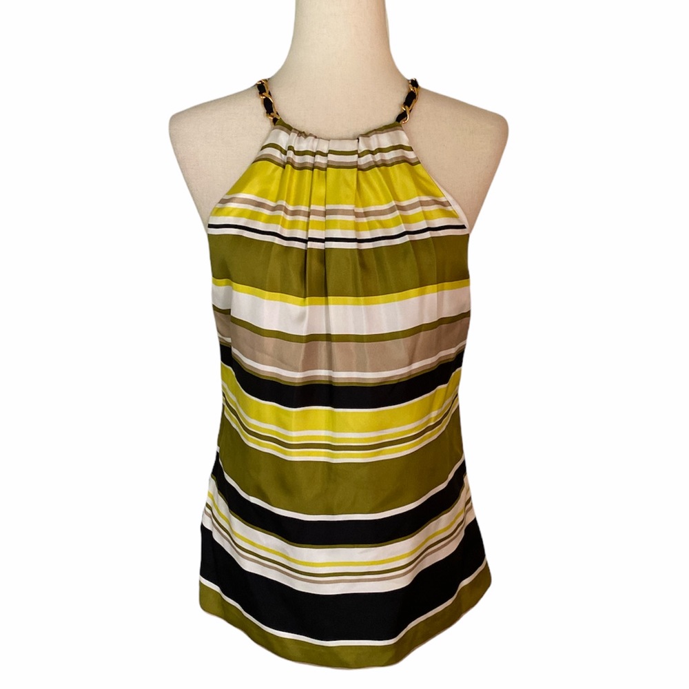 Milly Silk Striped Olive Green Yellow Black Halter Tank Top w/ Gold Chain - 4